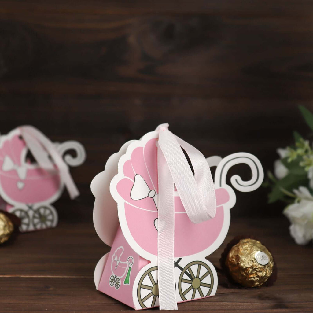 25 Pack Pink Baby Paper Stroller Party Favor Gift Boxes, Cardstock Carriage Candy Boxes with Ribbon Ties - 4.5"x2"x4" - Bell Racket Store