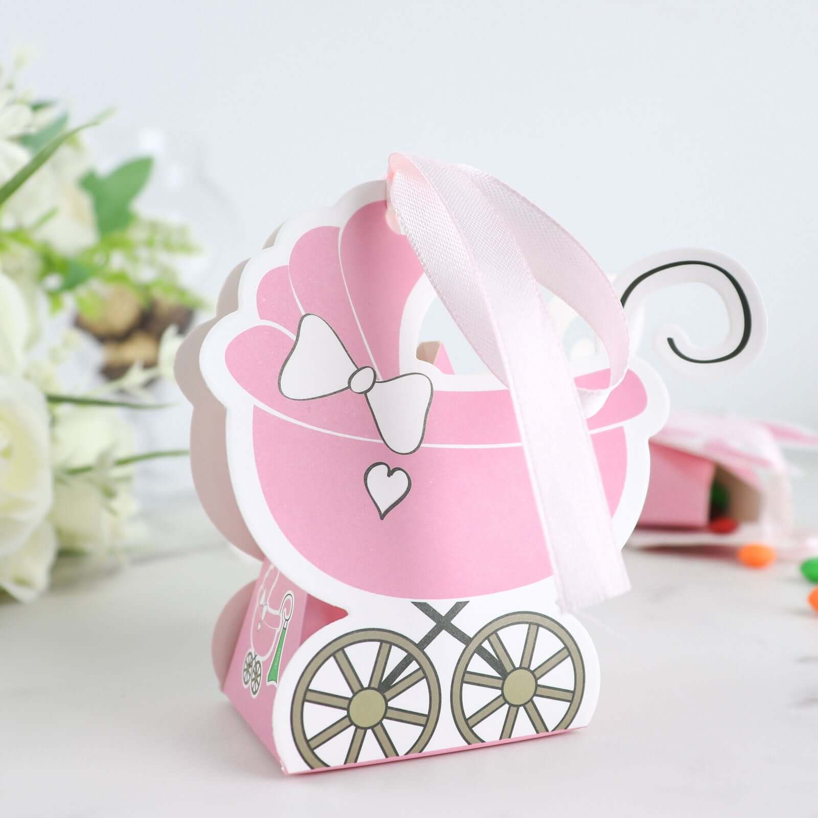 25 Pack Pink Baby Paper Stroller Party Favor Gift Boxes, Cardstock Carriage Candy Boxes with Ribbon Ties - 4.5"x2"x4" - Bell Racket Store