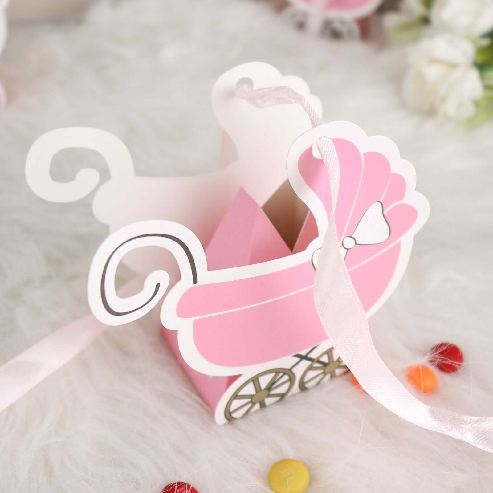 25 Pack Pink Baby Paper Stroller Party Favor Gift Boxes, Cardstock Carriage Candy Boxes with Ribbon Ties - 4.5"x2"x4" - Bell Racket Store