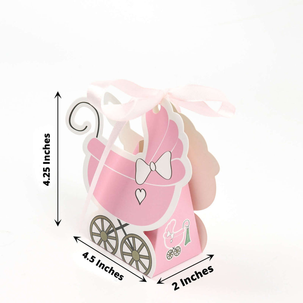 25 Pack Pink Baby Paper Stroller Party Favor Gift Boxes, Cardstock Carriage Candy Boxes with Ribbon Ties - 4.5"x2"x4" - Bell Racket Store