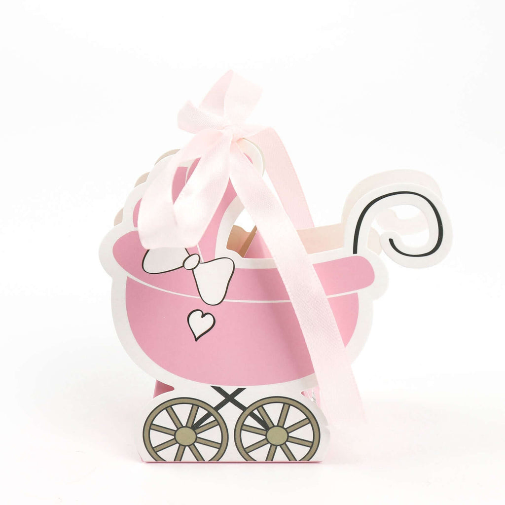 25 Pack Pink Baby Paper Stroller Party Favor Gift Boxes, Cardstock Carriage Candy Boxes with Ribbon Ties - 4.5"x2"x4" - Bell Racket Store