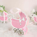 25 Pack Pink Baby Paper Stroller Party Favor Gift Boxes, Cardstock Carriage Candy Boxes with Ribbon Ties - 4.5"x2"x4" - Bell Racket Store