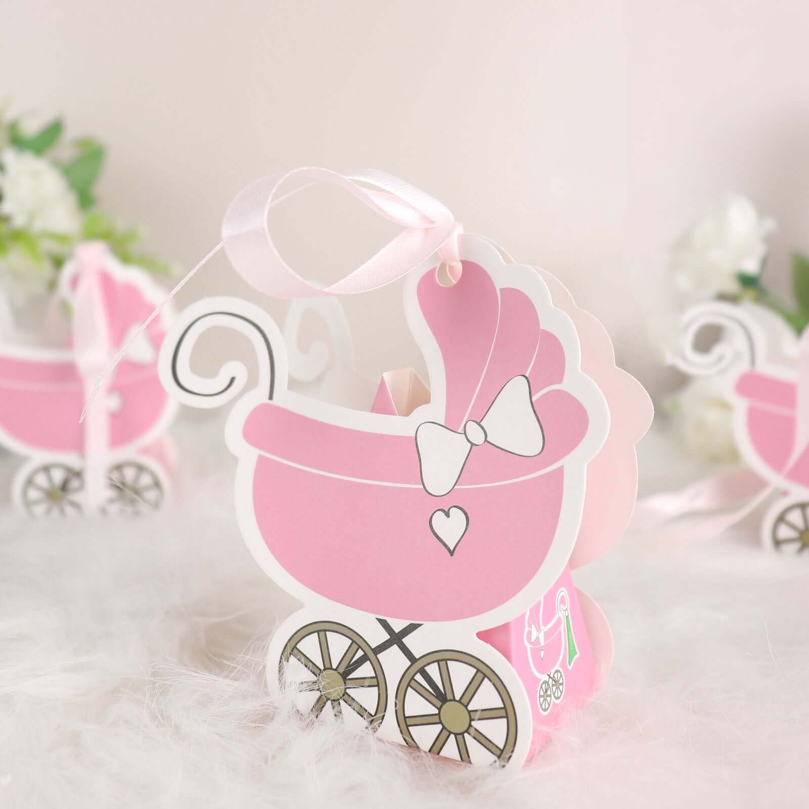 25 Pack Pink Baby Paper Stroller Party Favor Gift Boxes, Cardstock Carriage Candy Boxes with Ribbon Ties - 4.5"x2"x4" - Bell Racket Store