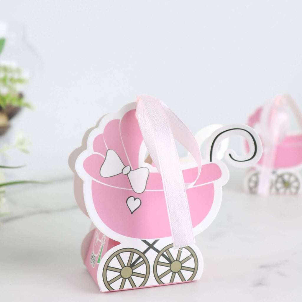 25 Pack Pink Baby Paper Stroller Party Favor Gift Boxes, Cardstock Carriage Candy Boxes with Ribbon Ties - 4.5"x2"x4" - Bell Racket Store