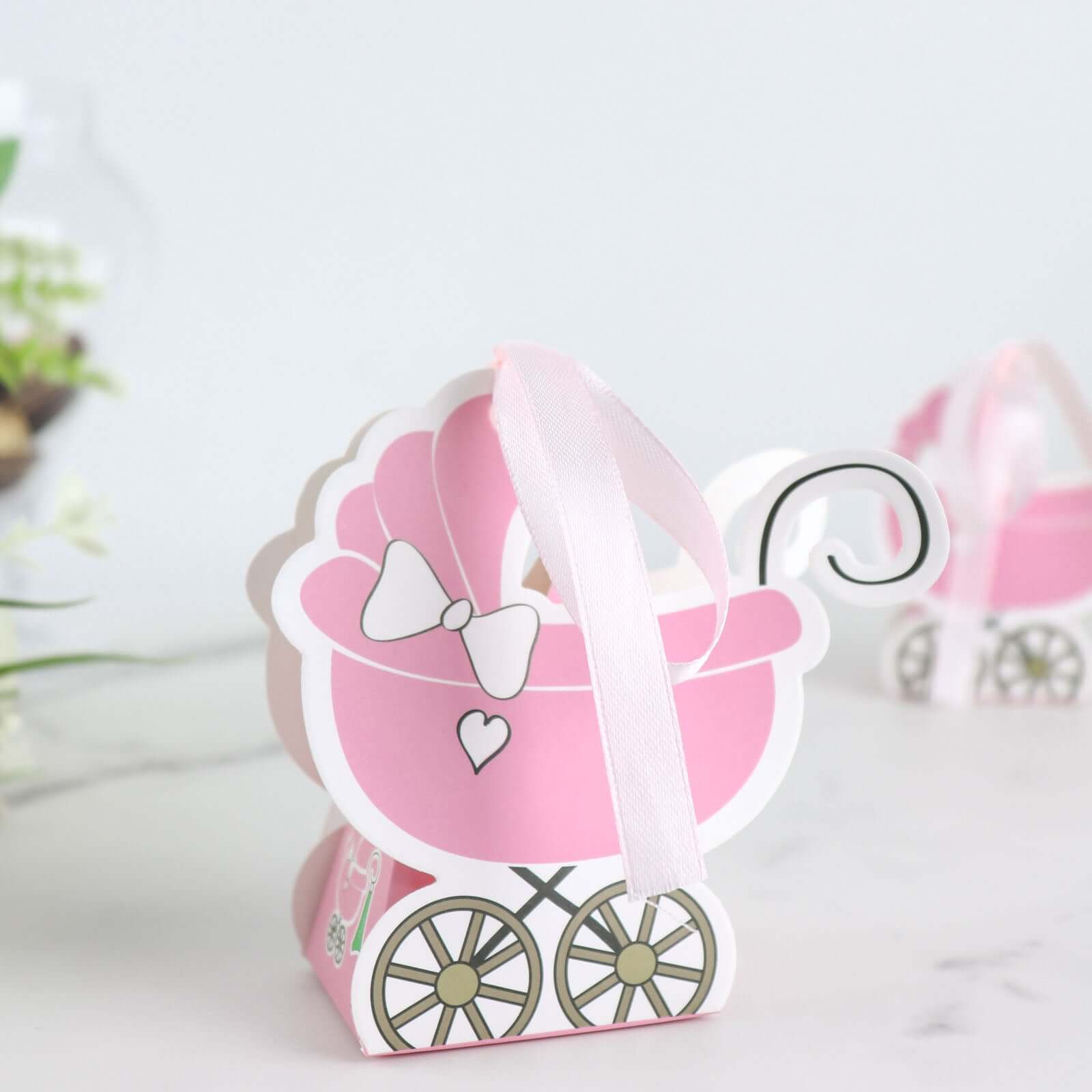 25 Pack Pink Baby Paper Stroller Party Favor Gift Boxes, Cardstock Carriage Candy Boxes with Ribbon Ties - 4.5"x2"x4" - Bell Racket Store