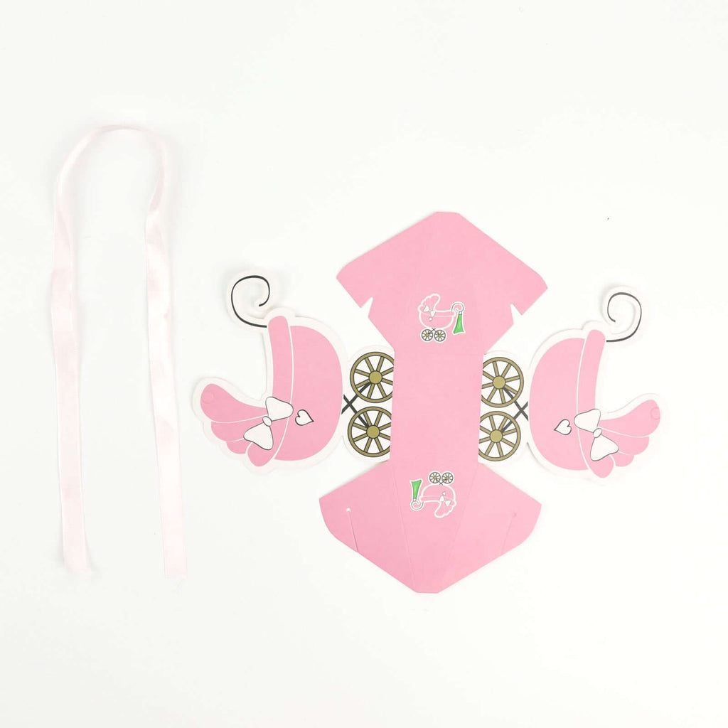 25 Pack Pink Baby Paper Stroller Party Favor Gift Boxes, Cardstock Carriage Candy Boxes with Ribbon Ties - 4.5"x2"x4" - Bell Racket Store