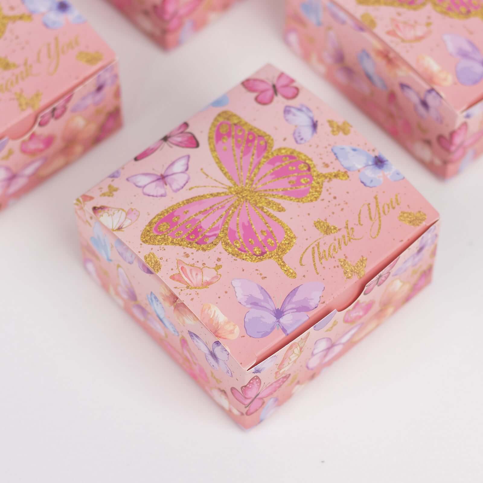 25 Pack Pink Butterfly Themed Candy Gift Boxes with "Thank You" Print, Cardstock Paper Party Favor Boxes - 4"x4"x2" - Bell Racket Store