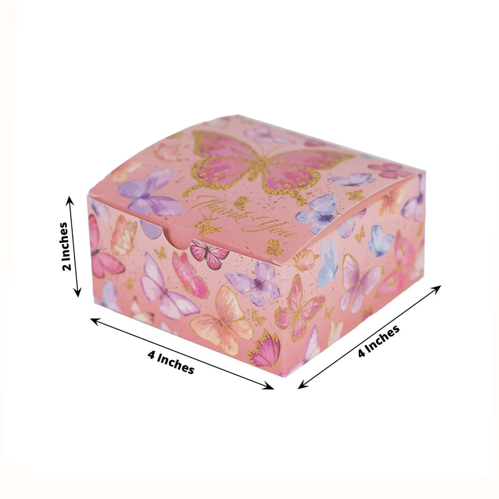 25 Pack Pink Butterfly Themed Candy Gift Boxes with "Thank You" Print, Cardstock Paper Party Favor Boxes - 4"x4"x2" - Bell Racket Store