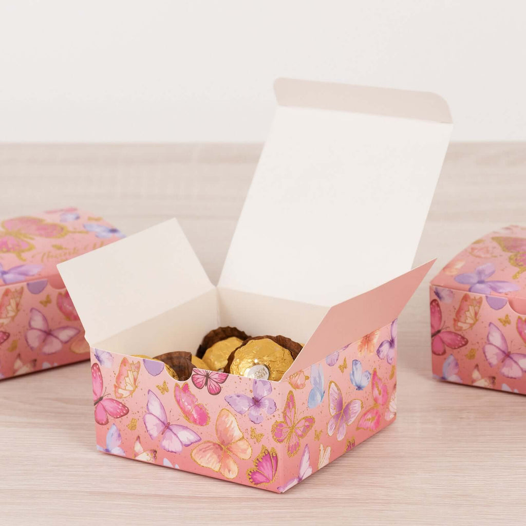 25 Pack Pink Butterfly Themed Candy Gift Boxes with "Thank You" Print, Cardstock Paper Party Favor Boxes - 4"x4"x2" - Bell Racket Store