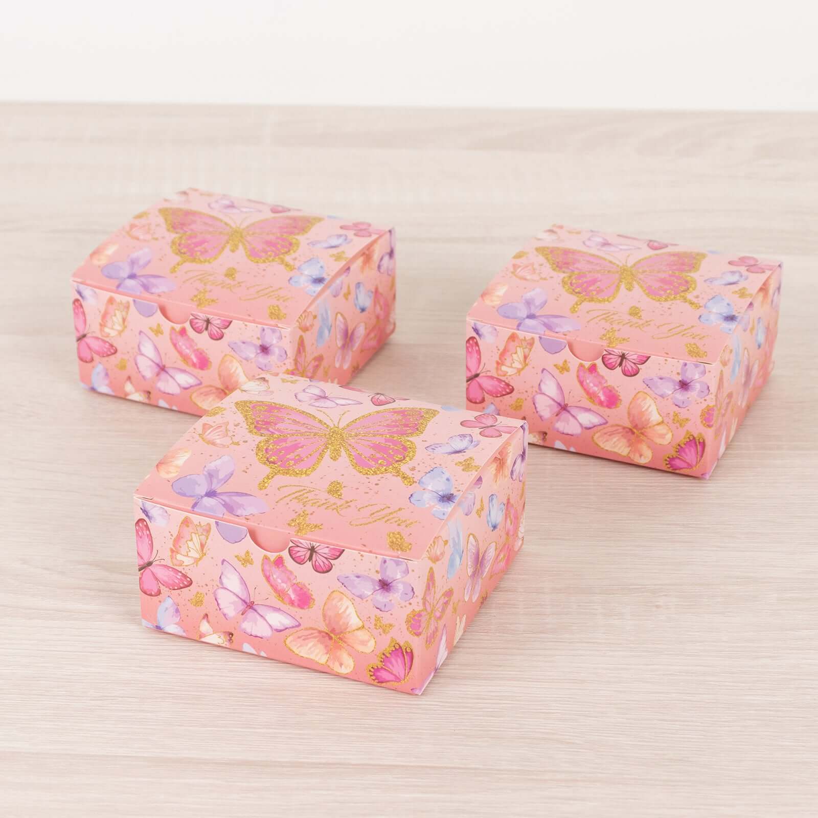 25 Pack Pink Butterfly Themed Candy Gift Boxes with "Thank You" Print, Cardstock Paper Party Favor Boxes - 4"x4"x2" - Bell Racket Store