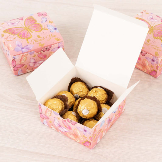 25 Pack Pink Butterfly Themed Candy Gift Boxes with "Thank You" Print, Cardstock Paper Party Favor Boxes - 4"x4"x2" - Bell Racket Store