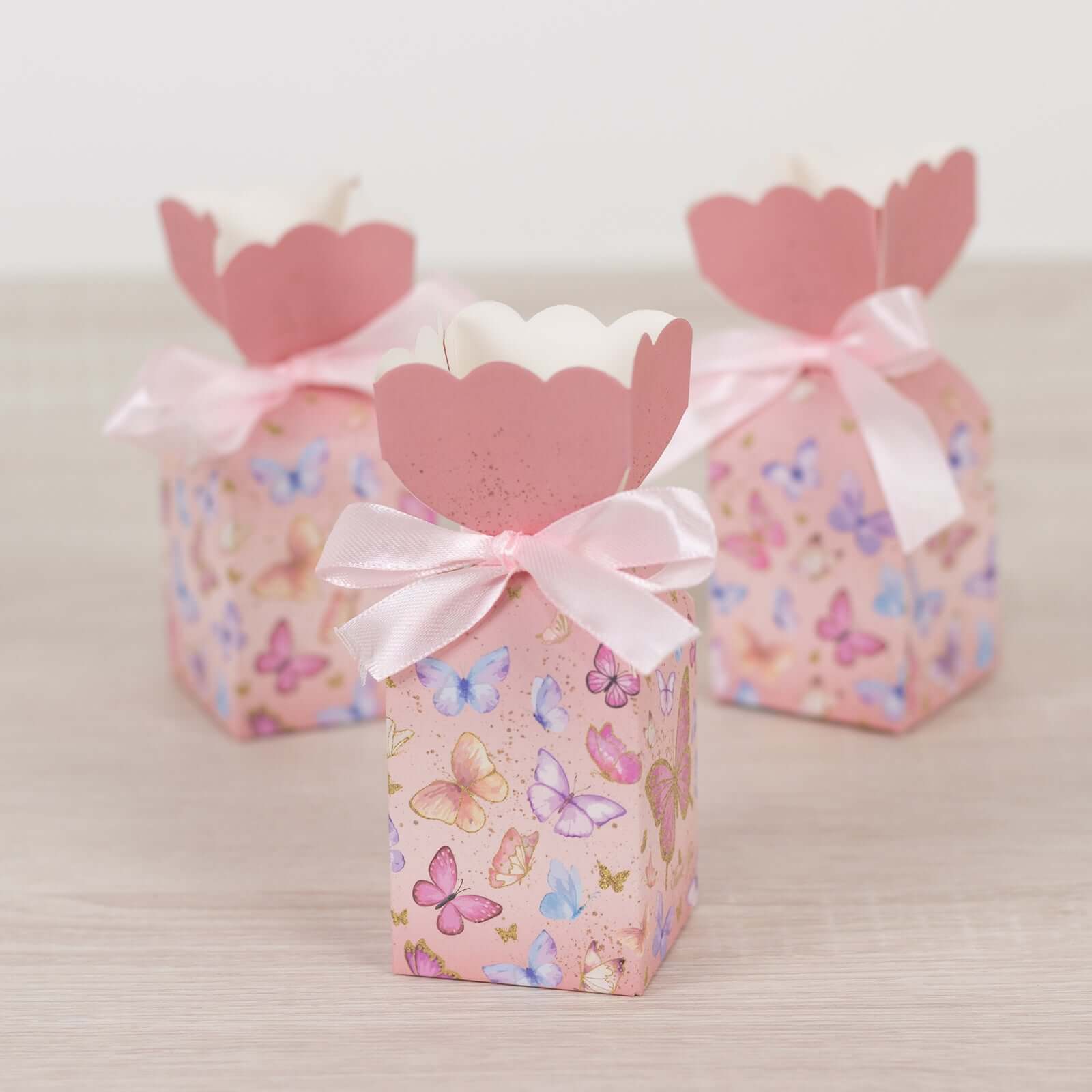25 Pack Pink Floral Top Candy Gift Boxes With Butterfly Print, Cardstock Paper Party Favor Boxes With Satin Ribbons - 2"x5" - Bell Racket Store