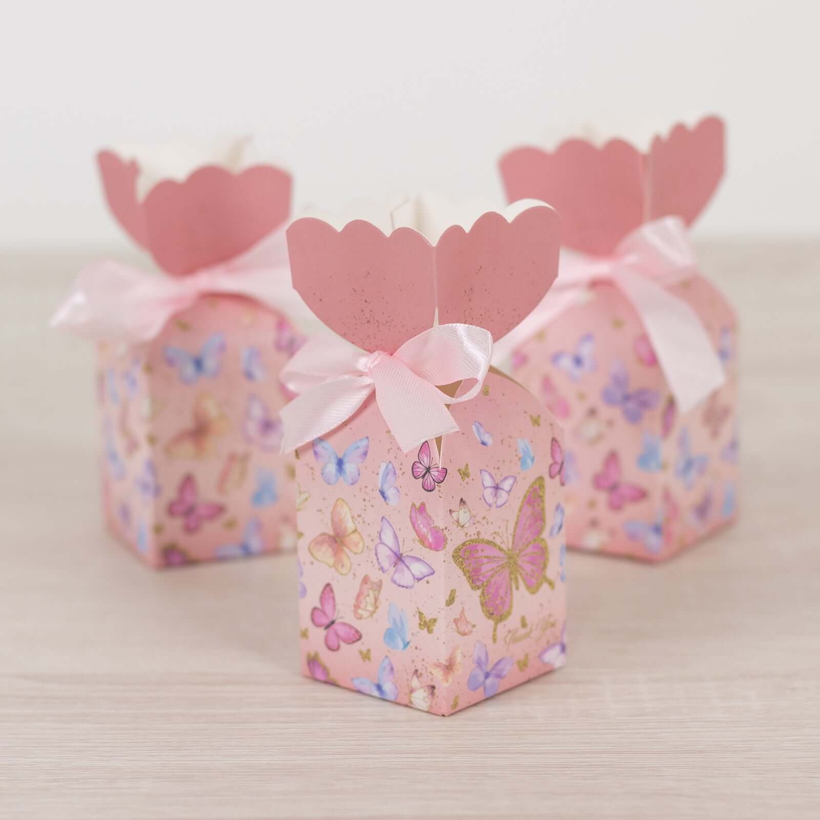 25 Pack Pink Floral Top Candy Gift Boxes With Butterfly Print, Cardstock Paper Party Favor Boxes With Satin Ribbons - 2"x5" - Bell Racket Store