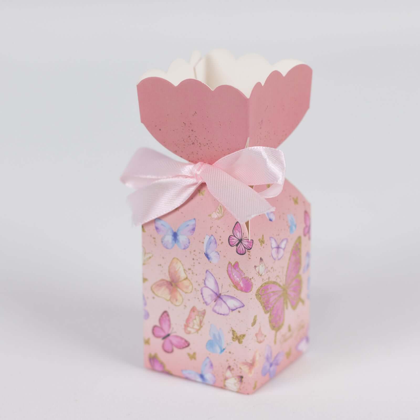 25 Pack Pink Floral Top Candy Gift Boxes With Butterfly Print, Cardstock Paper Party Favor Boxes With Satin Ribbons - 2"x5" - Bell Racket Store
