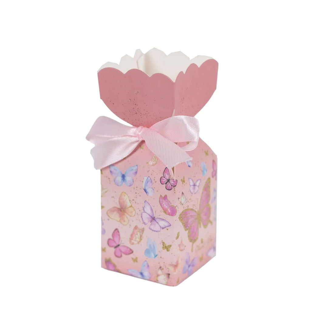25 Pack Pink Floral Top Candy Gift Boxes With Butterfly Print, Cardstock Paper Party Favor Boxes With Satin Ribbons - 2"x5" - Bell Racket Store
