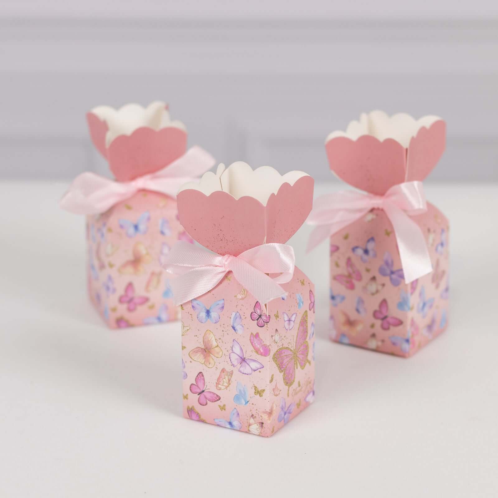 25 Pack Pink Floral Top Candy Gift Boxes With Butterfly Print, Cardstock Paper Party Favor Boxes With Satin Ribbons - 2"x5" - Bell Racket Store
