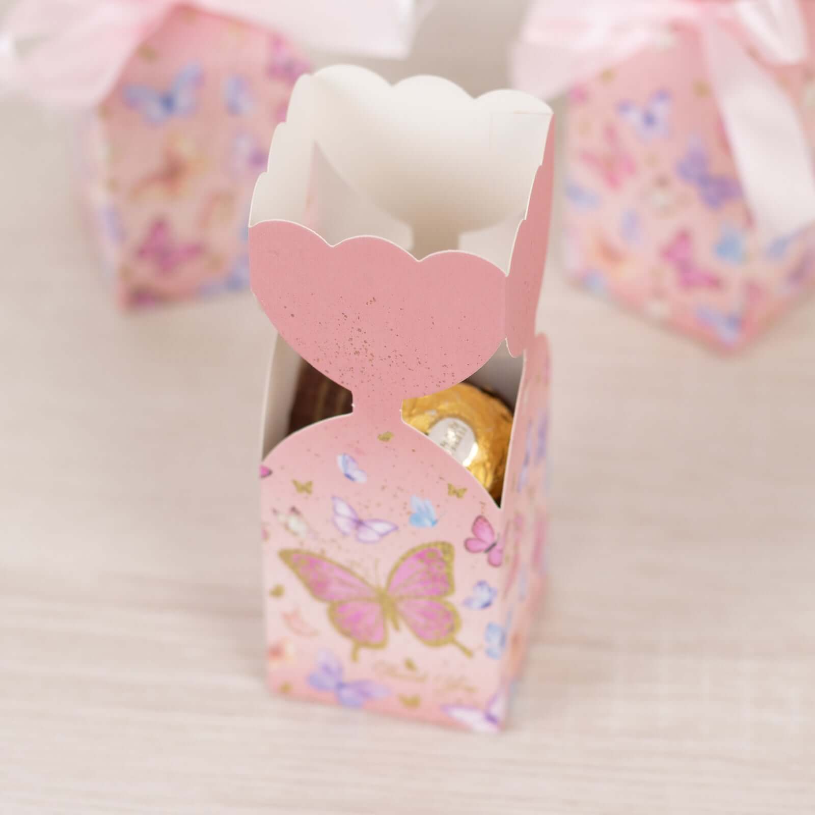 25 Pack Pink Floral Top Candy Gift Boxes With Butterfly Print, Cardstock Paper Party Favor Boxes With Satin Ribbons - 2"x5" - Bell Racket Store
