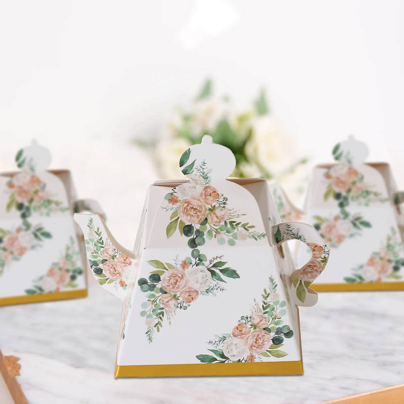 25 Pack Pink Peony Floral Mini Teapot Party Favor Boxes with Gold Edge, Tea Time Gift Boxes - 5"x4" - Bell Racket Store