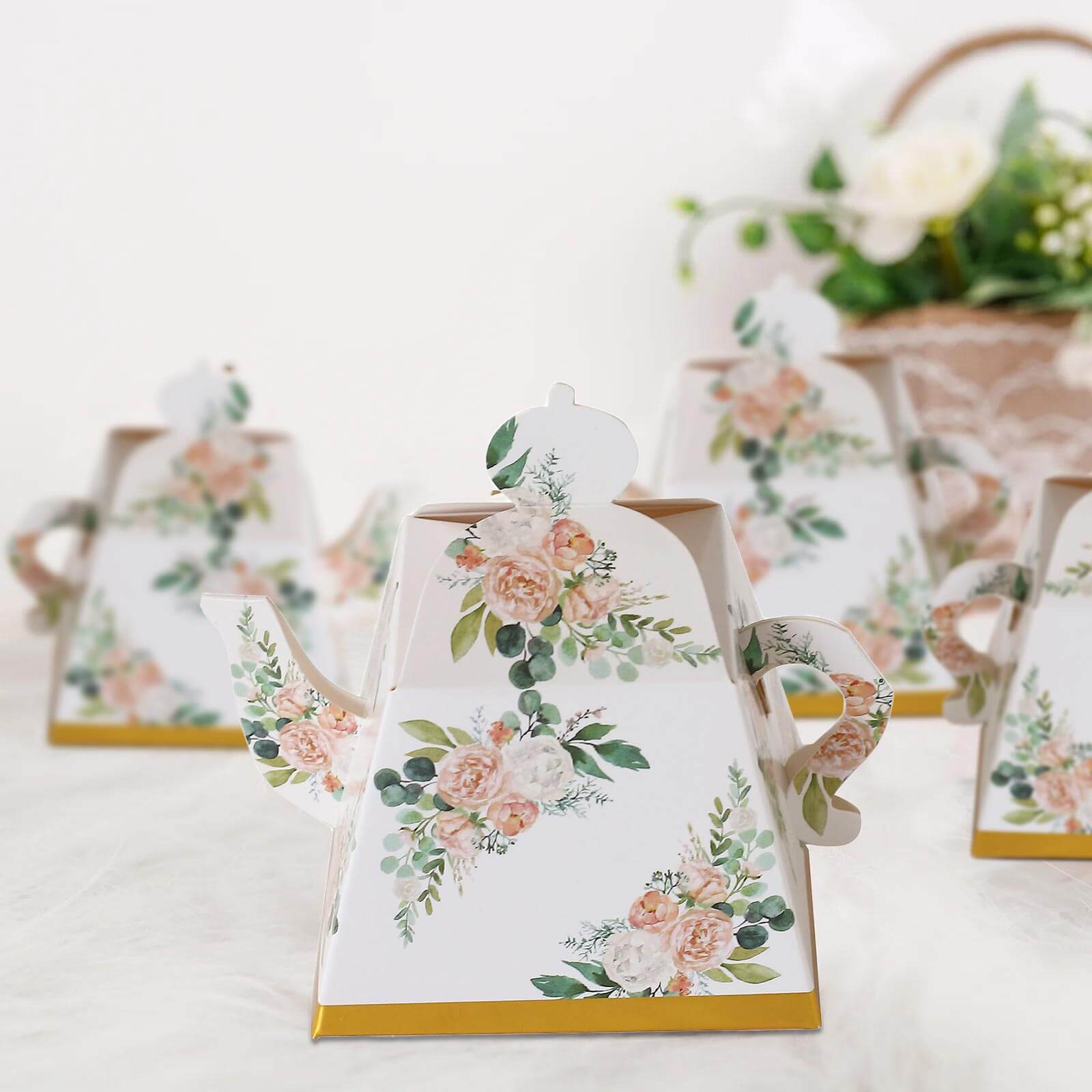 25 Pack Pink Peony Floral Mini Teapot Party Favor Boxes with Gold Edge, Tea Time Gift Boxes - 5"x4" - Bell Racket Store