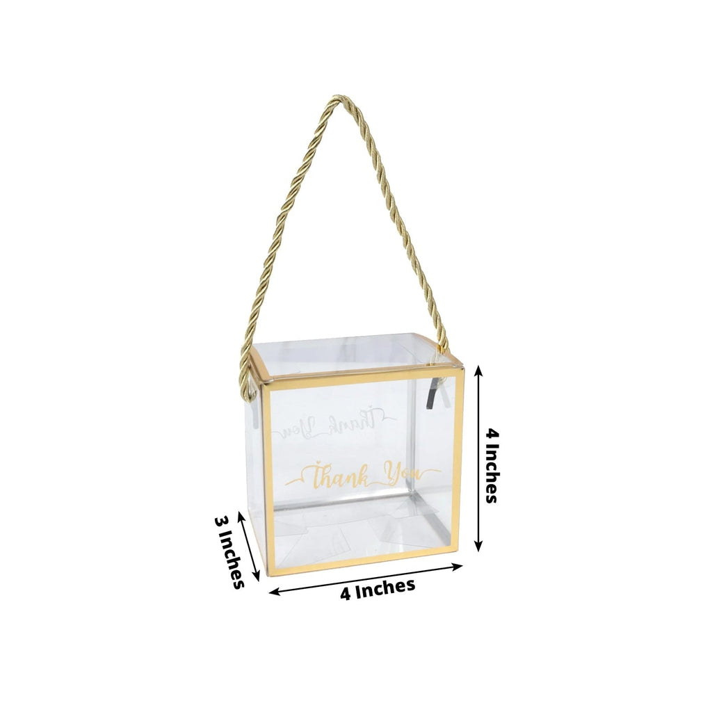 25 Pack Plastic Clear Square Gift Boxes with Gold Trim - Transparent Favor Boxes, Rope Handle, Pre - Printed Thank You Message - 4"x4" - Bell Racket Store