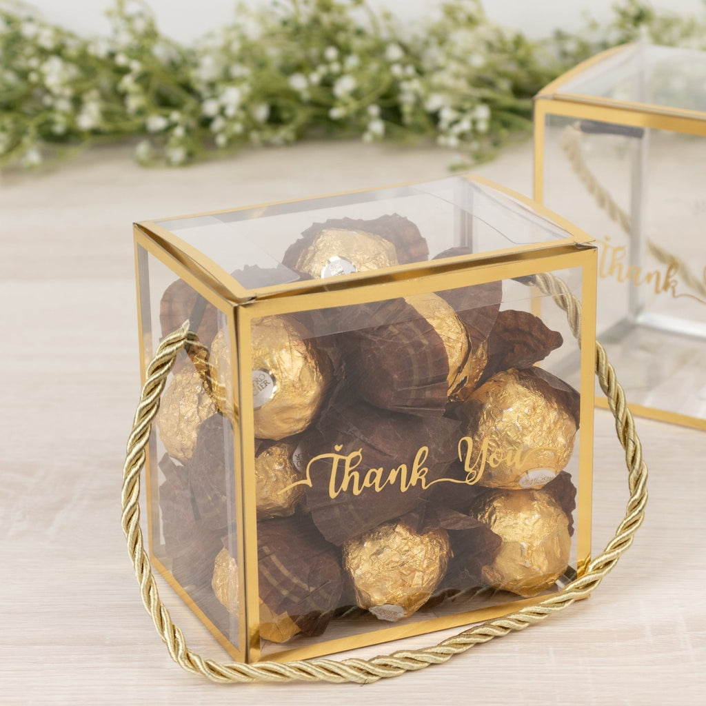 25 Pack Plastic Clear Square Gift Boxes with Gold Trim - Transparent Favor Boxes, Rope Handle, Pre - Printed Thank You Message - 4"x4" - Bell Racket Store