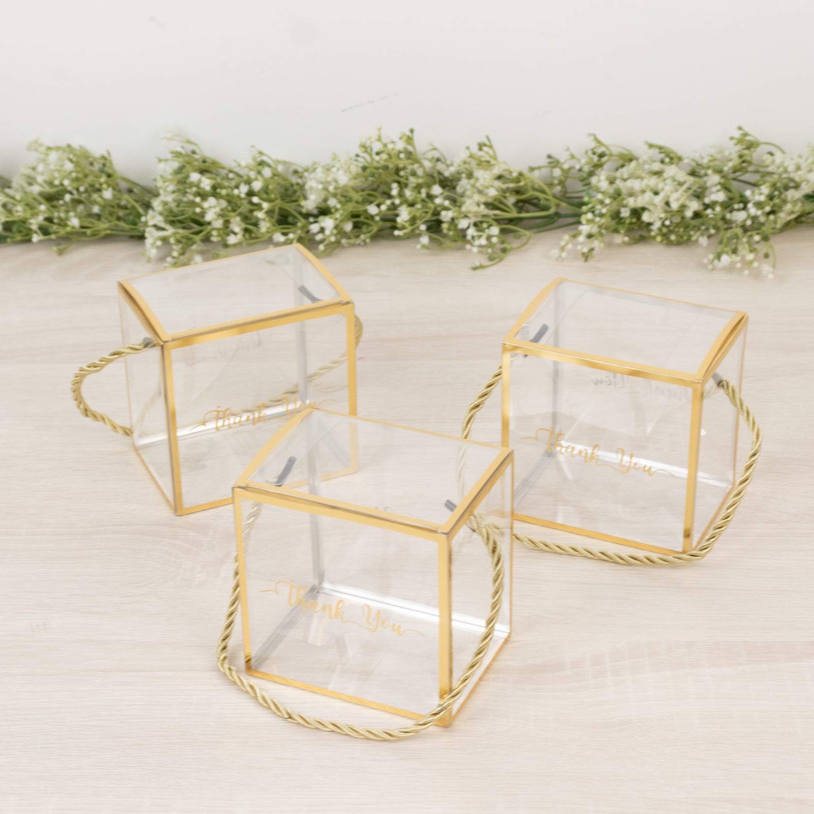 25 Pack Plastic Clear Square Gift Boxes with Gold Trim - Transparent Favor Boxes, Rope Handle, Pre - Printed Thank You Message - 4"x4" - Bell Racket Store
