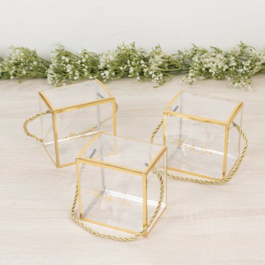 25 Pack Plastic Clear Square Gift Boxes with Gold Trim - Transparent Favor Boxes, Rope Handle, Pre - Printed Thank You Message - 4"x4" - Bell Racket Store