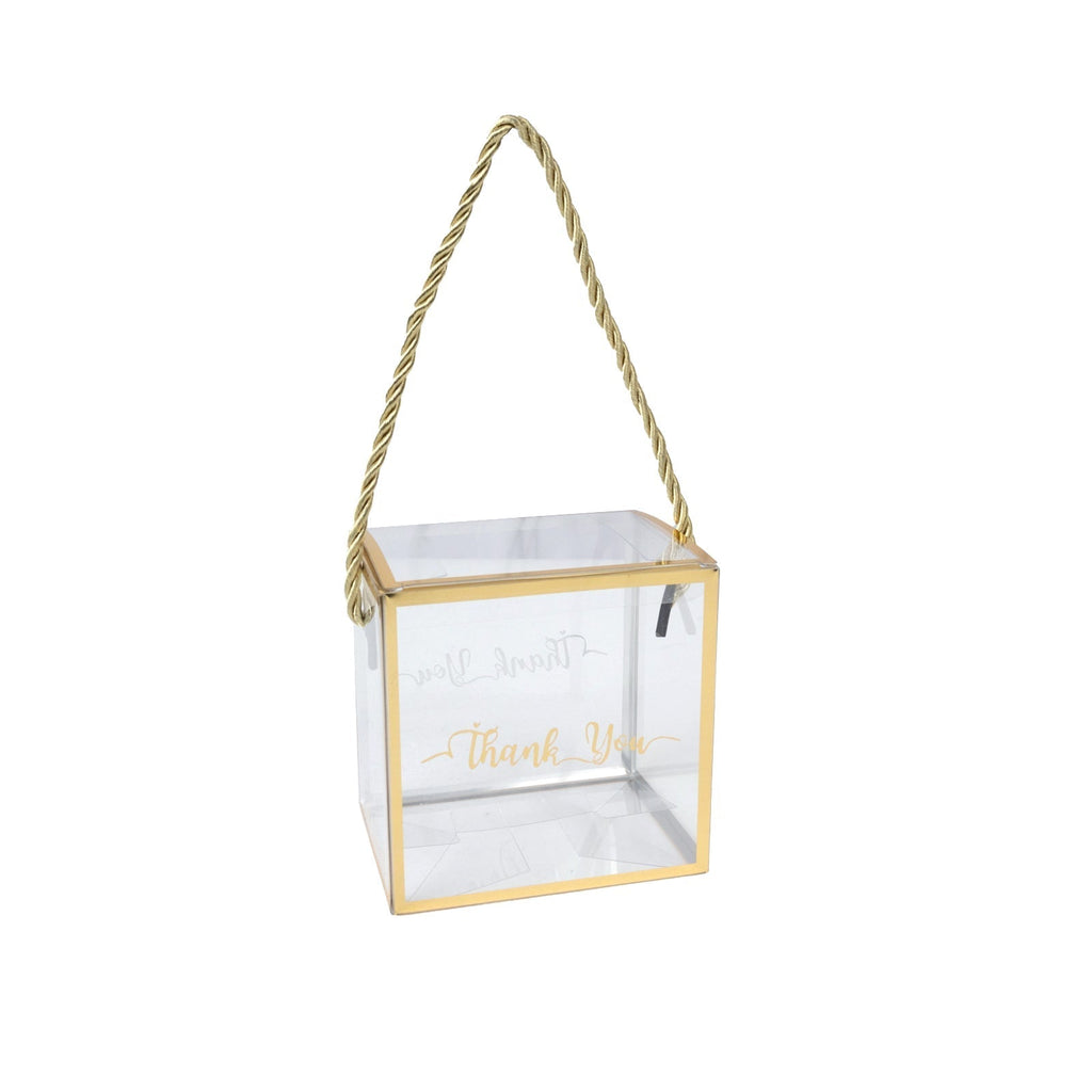 25 Pack Plastic Clear Square Gift Boxes with Gold Trim - Transparent Favor Boxes, Rope Handle, Pre - Printed Thank You Message - 4"x4" - Bell Racket Store