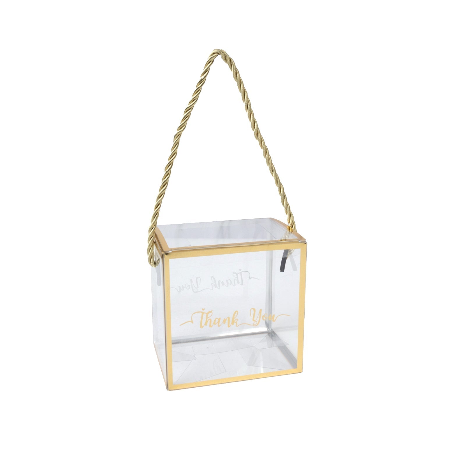 25 Pack Plastic Clear Square Gift Boxes with Gold Trim - Transparent Favor Boxes, Rope Handle, Pre - Printed Thank You Message - 4"x4" - Bell Racket Store