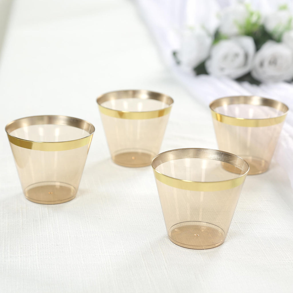 25 - Pack Plastic Party Cups Transparent Amber Gold Crystal with Gold Rim - Stylish Short Disposable Glasses 9oz - Bell Racket Store