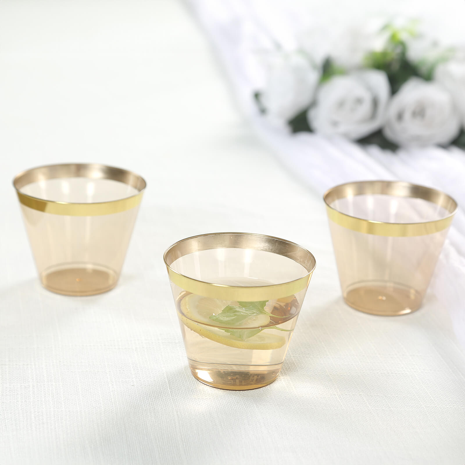 25 - Pack Plastic Party Cups Transparent Amber Gold Crystal with Gold Rim - Stylish Short Disposable Glasses 9oz - Bell Racket Store