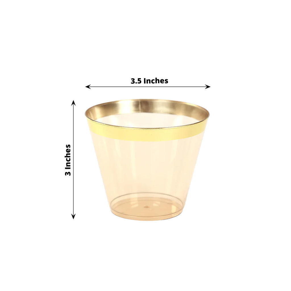 25 - Pack Plastic Party Cups Transparent Amber Gold Crystal with Gold Rim - Stylish Short Disposable Glasses 9oz - Bell Racket Store