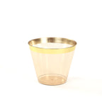 25 - Pack Plastic Party Cups Transparent Amber Gold Crystal with Gold Rim - Stylish Short Disposable Glasses 9oz - Bell Racket Store