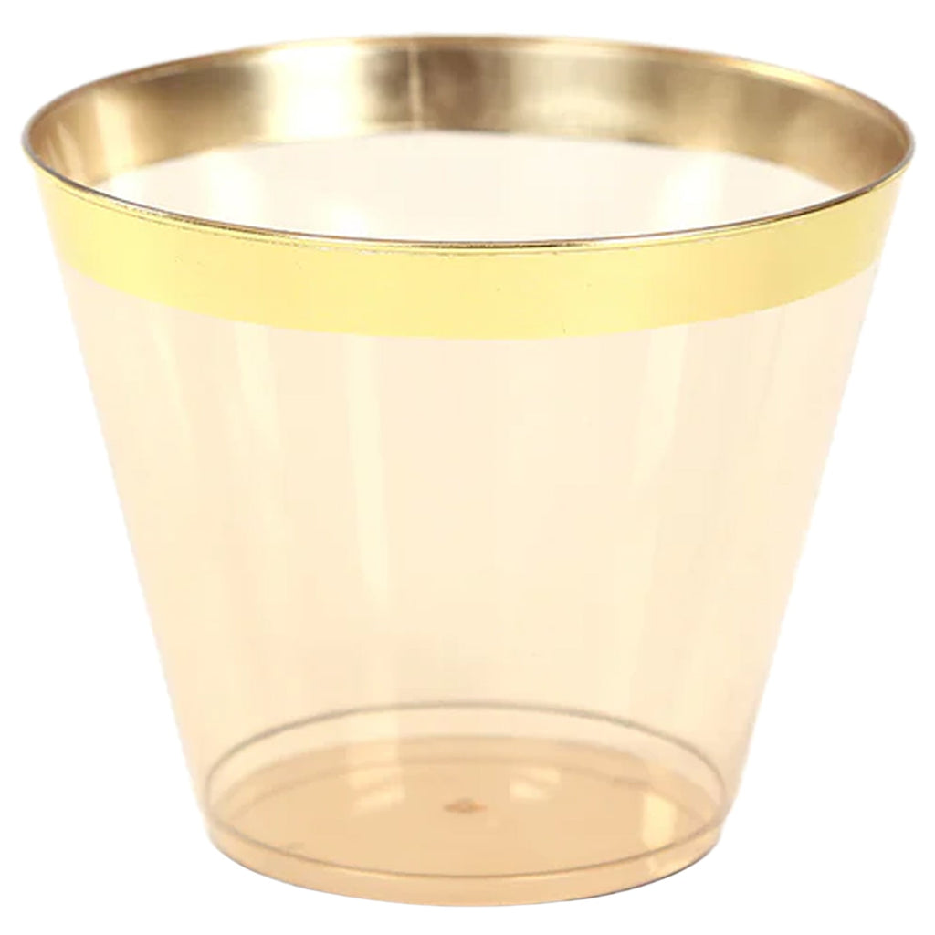 25 - Pack Plastic Party Cups Transparent Amber Gold Crystal with Gold Rim - Stylish Short Disposable Glasses 9oz - Bell Racket Store