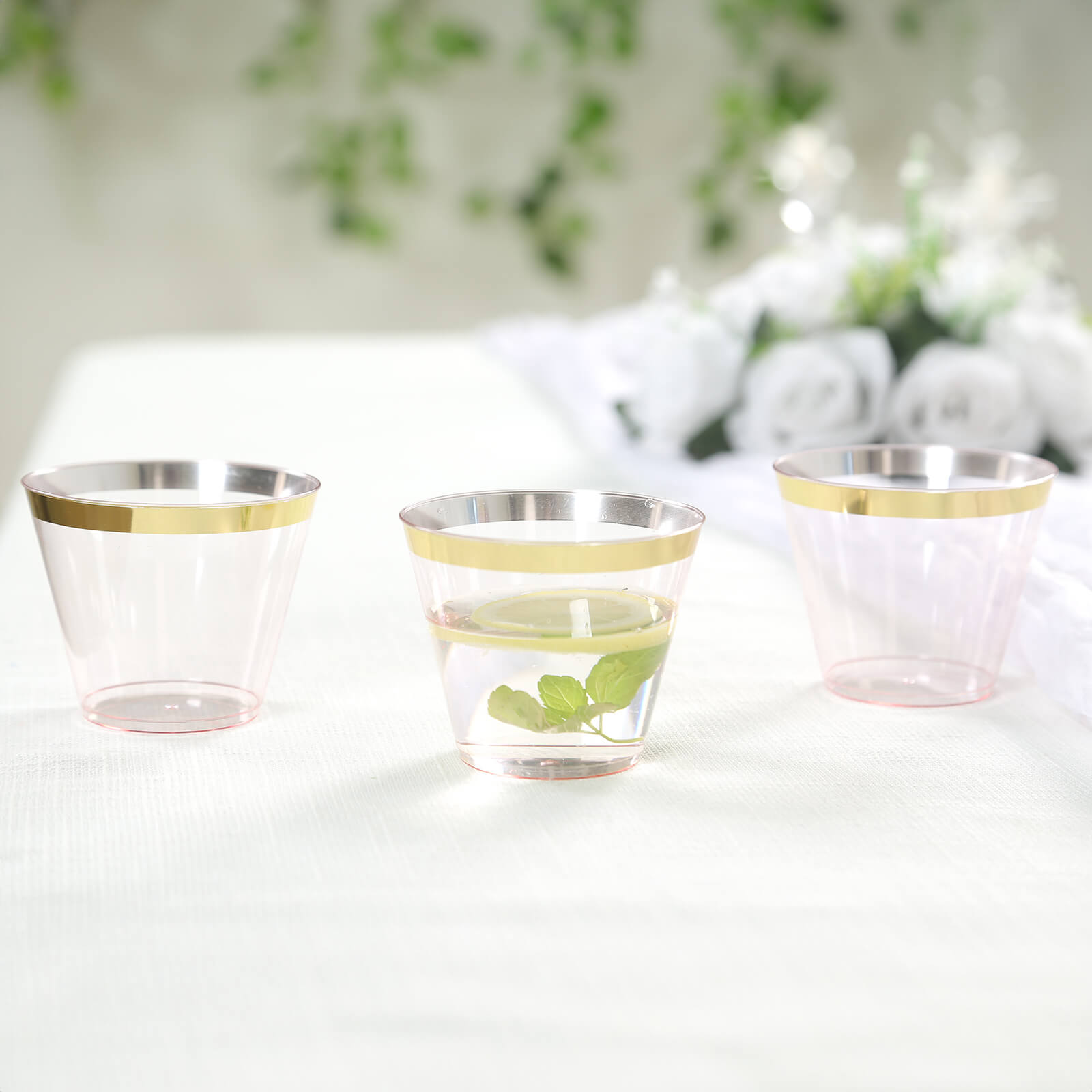 25 - Pack Plastic Party Cups Transparent Blush Crystal with Gold Rim - Stylish Short Disposable Glasses 9oz - Bell Racket Store
