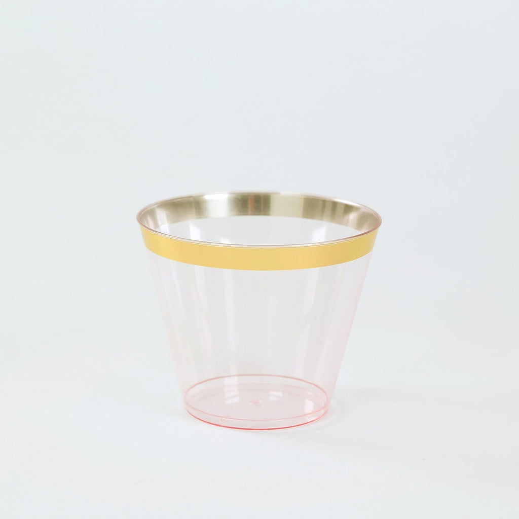 25 - Pack Plastic Party Cups Transparent Blush Crystal with Gold Rim - Stylish Short Disposable Glasses 9oz - Bell Racket Store
