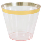 25 - Pack Plastic Party Cups Transparent Blush Crystal with Gold Rim - Stylish Short Disposable Glasses 9oz - Bell Racket Store