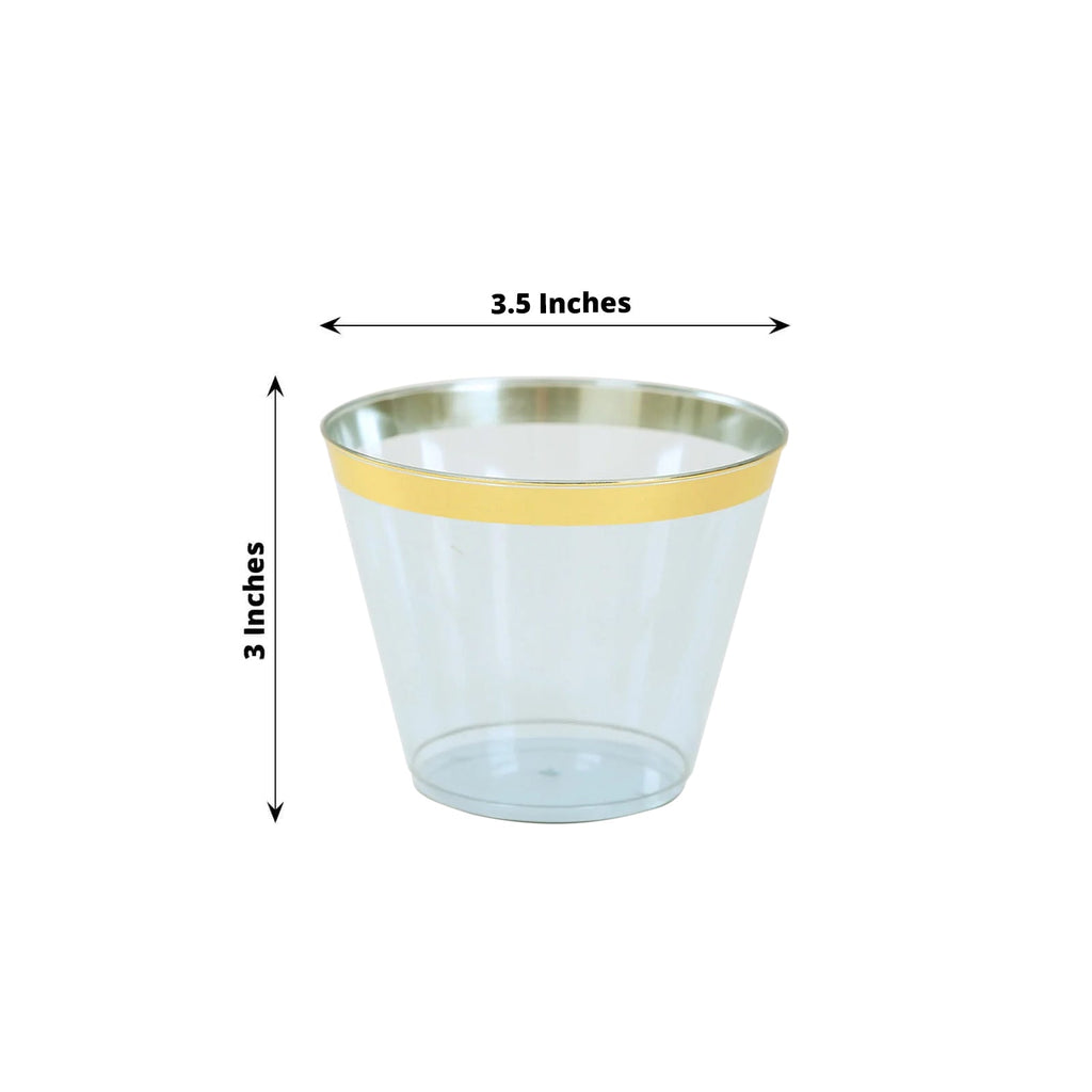 25 - Pack Plastic Party Cups Transparent Dusty Blue Crystal with Gold Rim - Stylish Short Disposable Glasses 9oz - Bell Racket Store