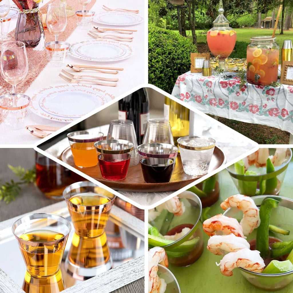 25 - Pack Plastic Party Cups Transparent Dusty Blue Crystal with Gold Rim - Stylish Short Disposable Glasses 9oz - Bell Racket Store