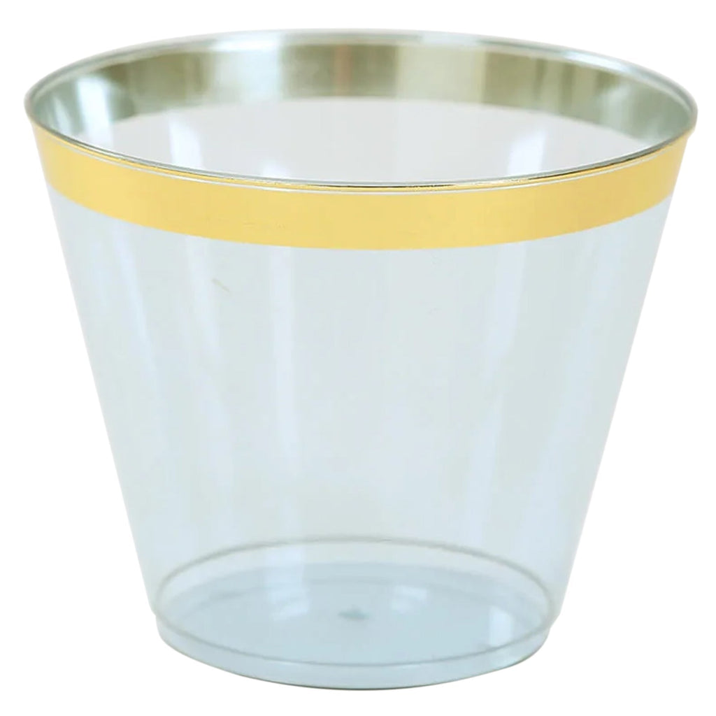 25 - Pack Plastic Party Cups Transparent Dusty Blue Crystal with Gold Rim - Stylish Short Disposable Glasses 9oz - Bell Racket Store