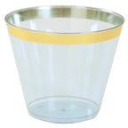 25 - Pack Plastic Party Cups Transparent Dusty Blue Crystal with Gold Rim - Stylish Short Disposable Glasses 9oz - Bell Racket Store