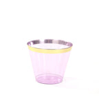 25 - Pack Plastic Party Cups Transparent Purple Crystal with Gold Rim - Stylish Short Disposable Glasses 9oz - Bell Racket Store