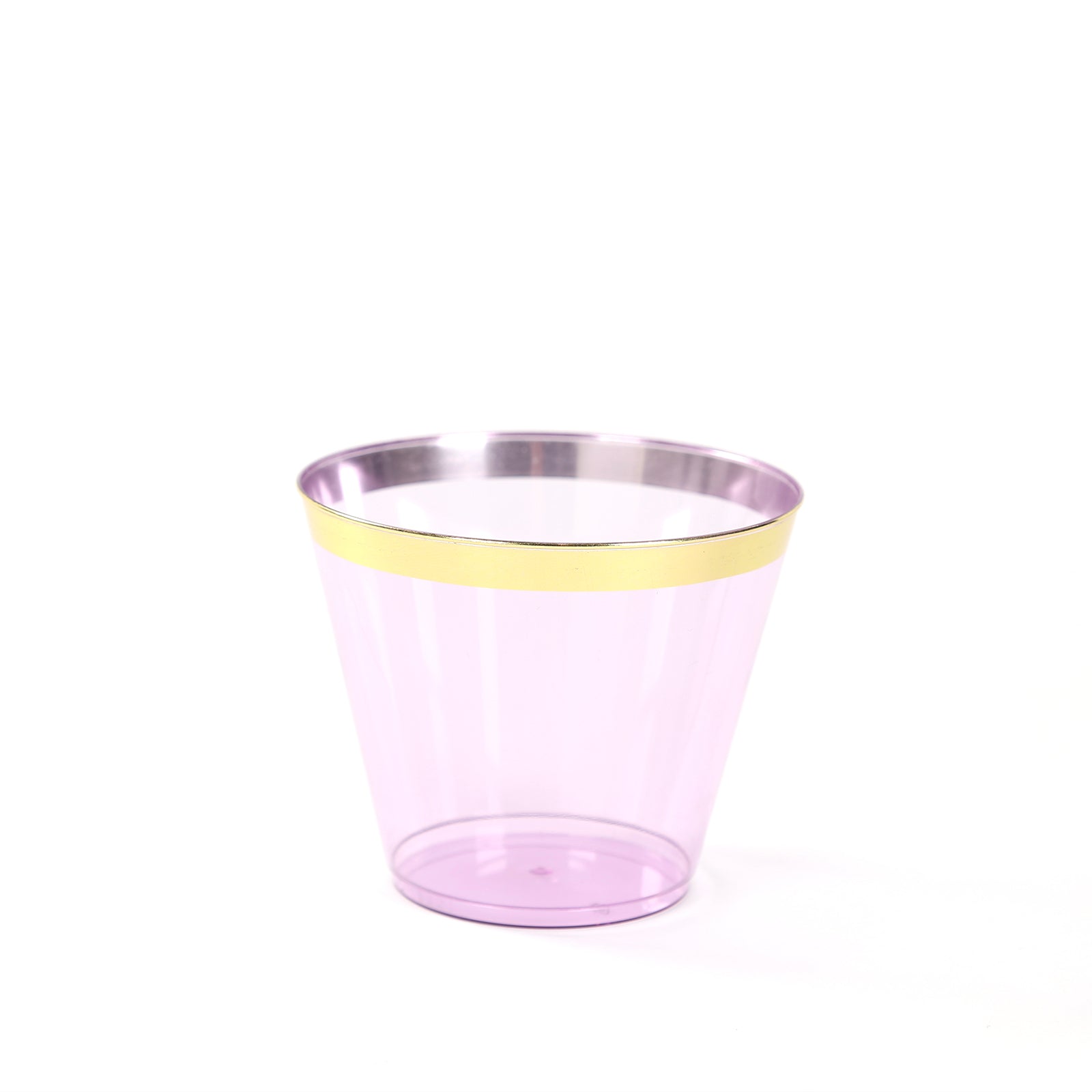 25 - Pack Plastic Party Cups Transparent Purple Crystal with Gold Rim - Stylish Short Disposable Glasses 9oz - Bell Racket Store