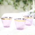 25 - Pack Plastic Party Cups Transparent Purple Crystal with Gold Rim - Stylish Short Disposable Glasses 9oz - Bell Racket Store