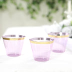 25 - Pack Plastic Party Cups Transparent Purple Crystal with Gold Rim - Stylish Short Disposable Glasses 9oz - Bell Racket Store
