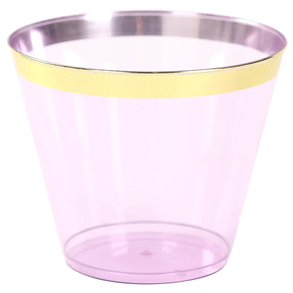 25 - Pack Plastic Party Cups Transparent Purple Crystal with Gold Rim - Stylish Short Disposable Glasses 9oz - Bell Racket Store