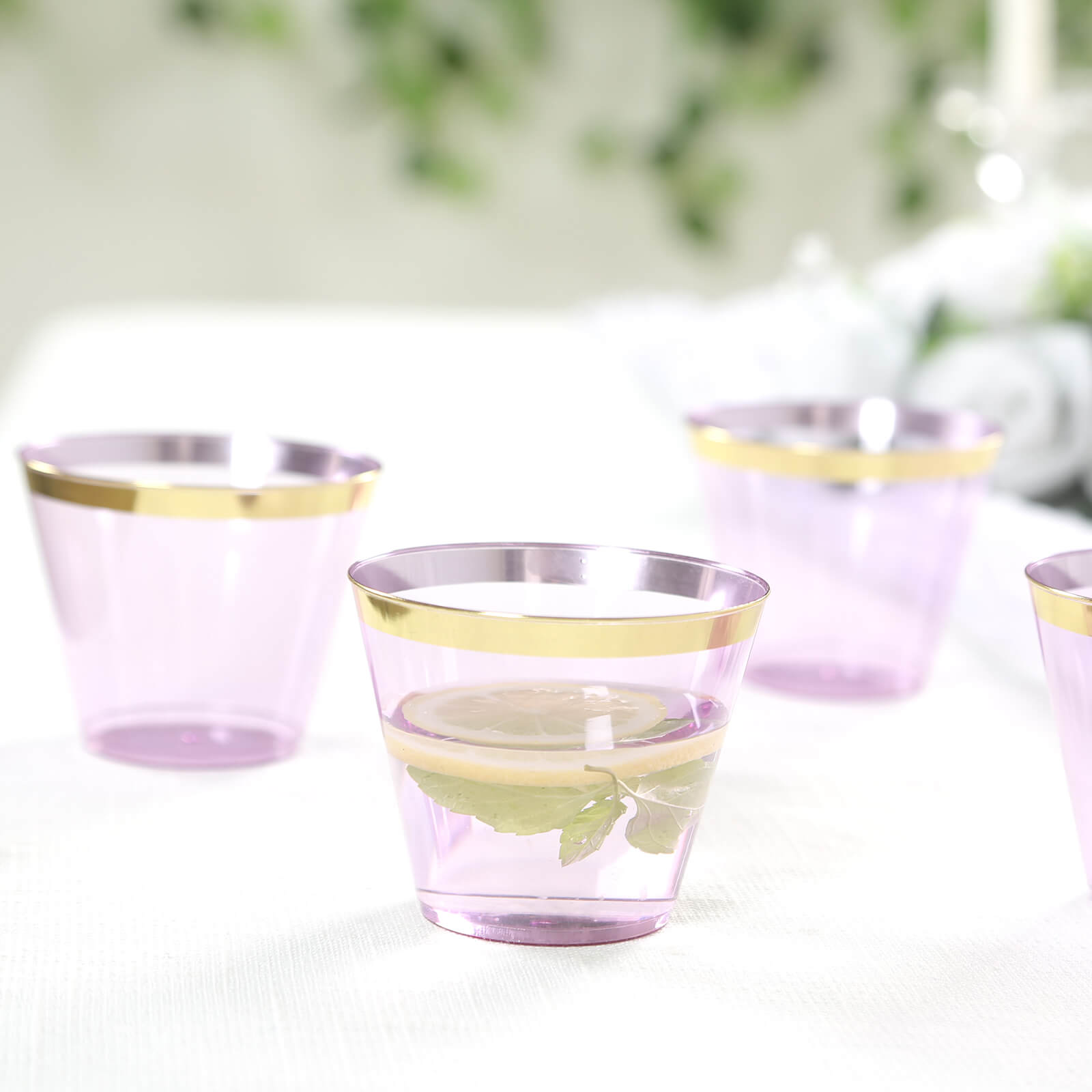 25 - Pack Plastic Party Cups Transparent Purple Crystal with Gold Rim - Stylish Short Disposable Glasses 9oz - Bell Racket Store
