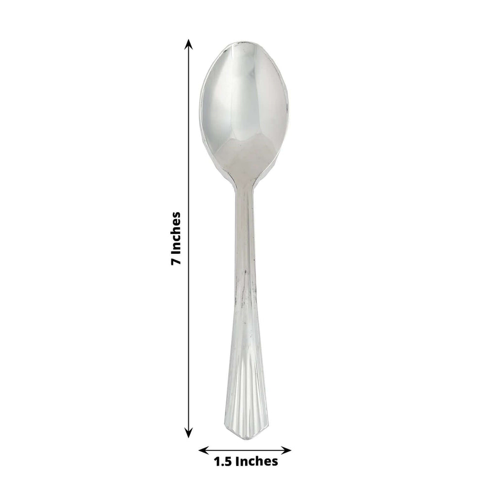 25 - Pack Plastic Spoons Silver Heavy Duty with Fluted Handles - Reliable Disposable Cutlery 7" - Bell Racket Store