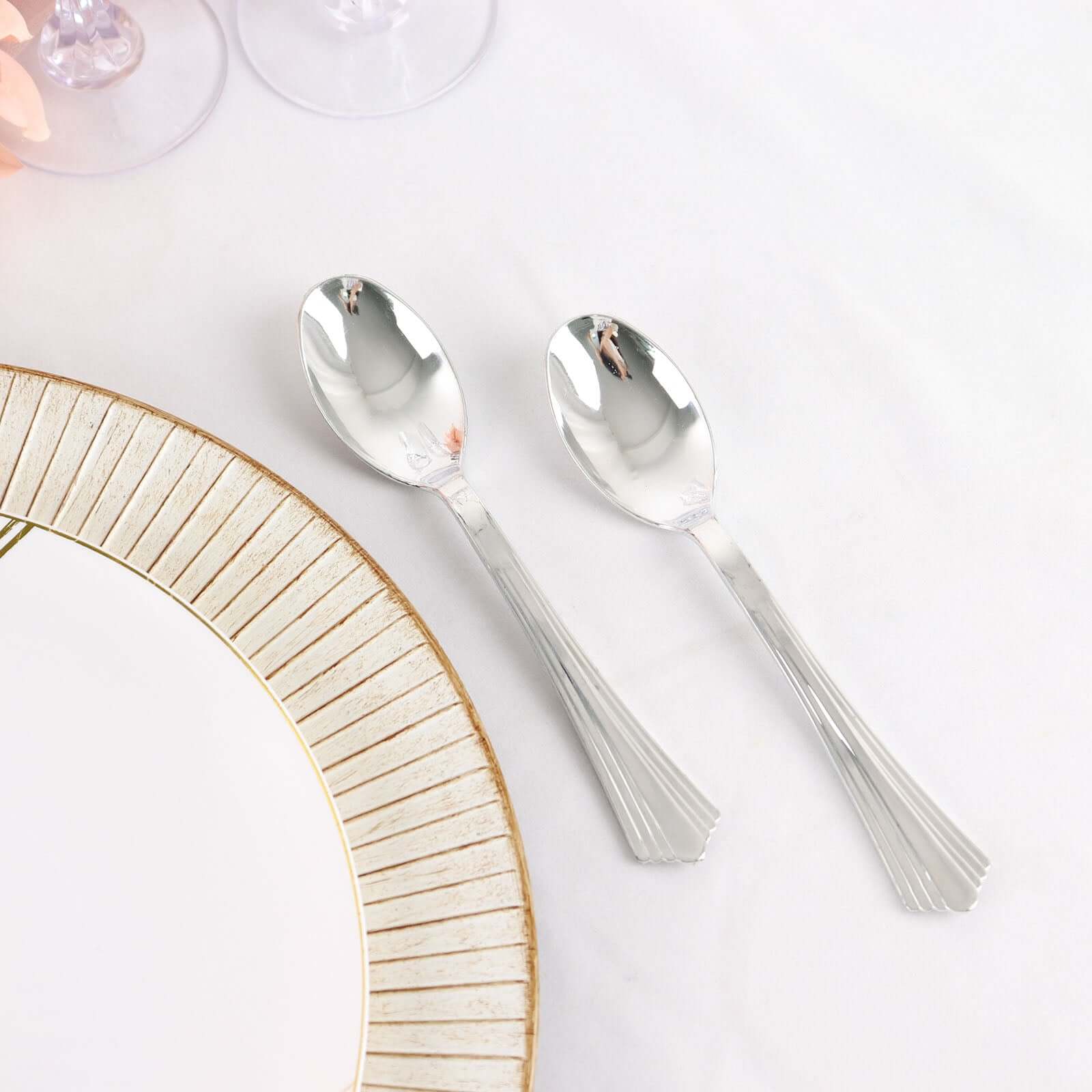 25 - Pack Plastic Spoons Silver Heavy Duty with Fluted Handles - Reliable Disposable Cutlery 7" - Bell Racket Store