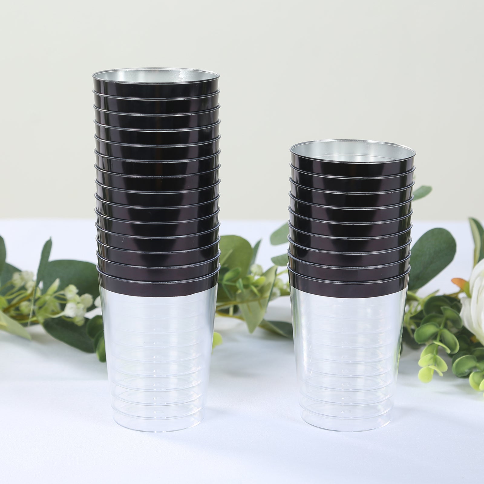 25 - Pack Plastic Tumbler Cups Clear with Black Rim - Stylish Disposable Party Glasses 10oz - Bell Racket Store
